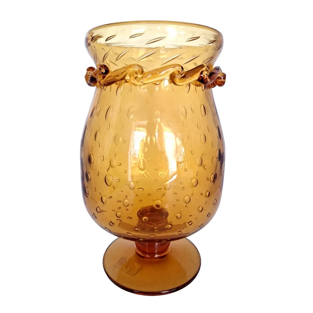 Vintage Amber Controlled Bubble Art Glass Pedestal Vase Applied Rigaree 1960s